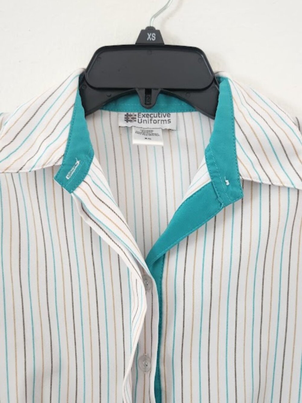 Executive Uniforms Striped Button Down Blouse Shirt XS Teal Blue Tan White - Picture 10 of 16